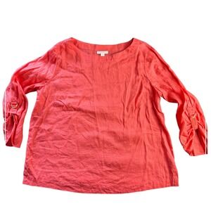Charter Club Womens Coral Pink 100% Linen Roll Tab‎ Sleeve Blouse Top Large SP20